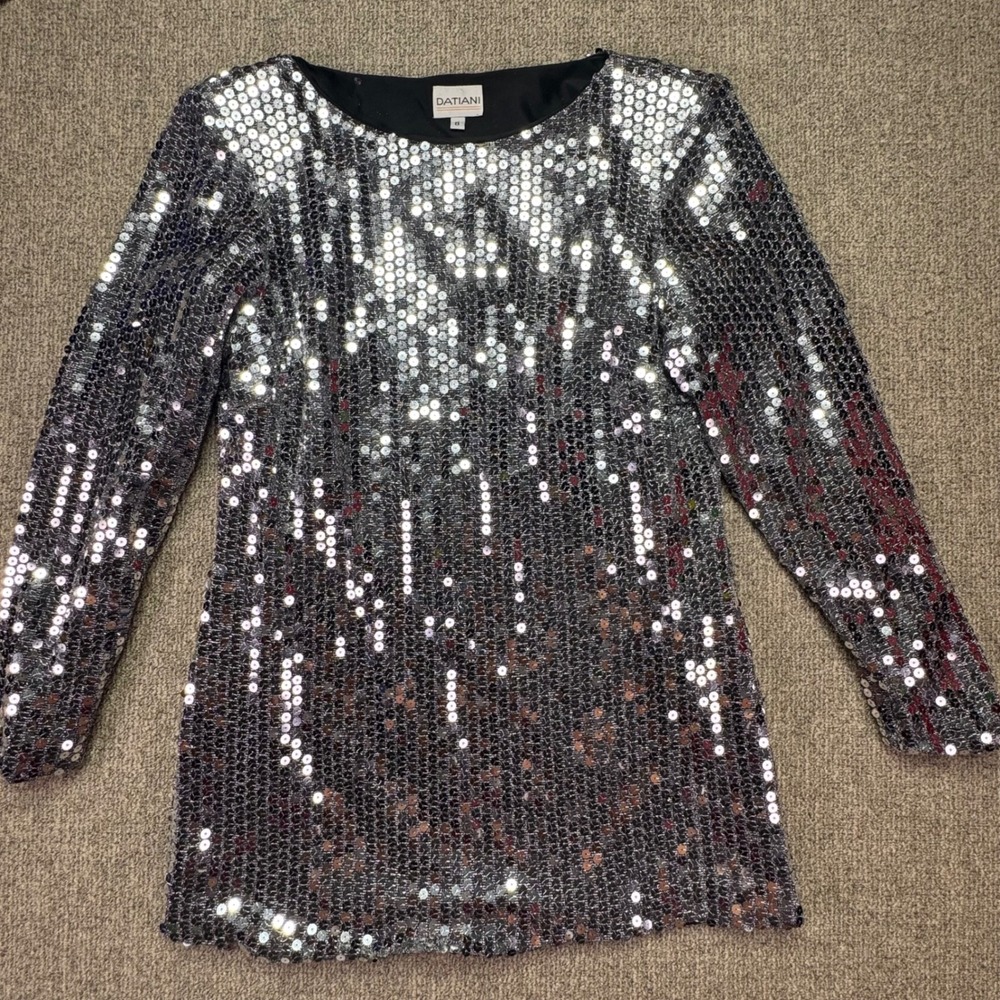 Vintage Datiani Silver Sequin Long Sleeve Mini Dress Size 8 Party Disco‎ USA EUC